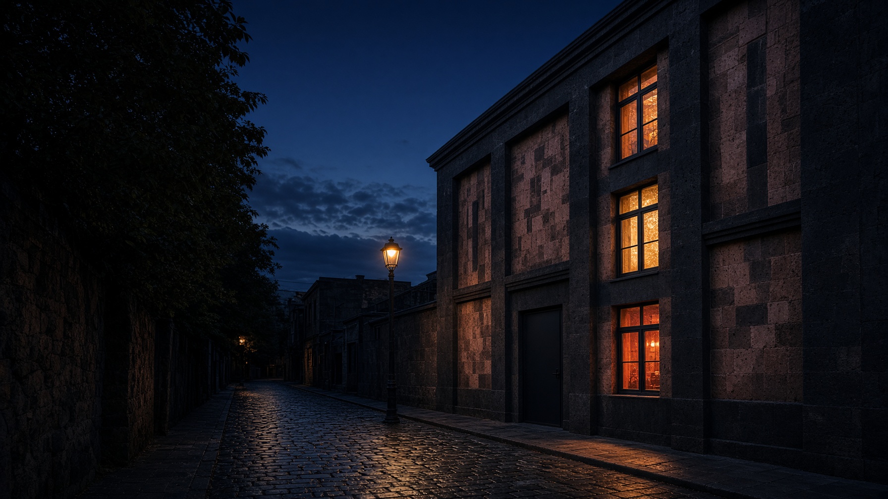 Ember at blue hour: a basalt and tufa facade on a Kentron side street, amber light in its deep-set windows.