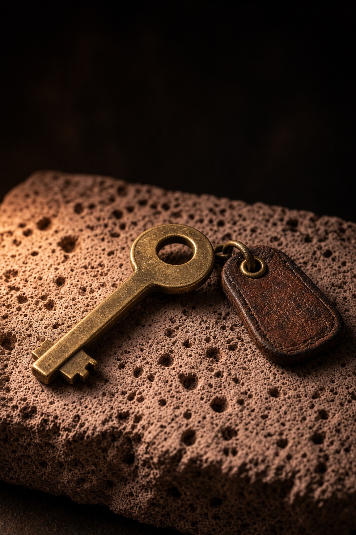 A heavy brass room key resting on a wall of porous volcanic tufa.