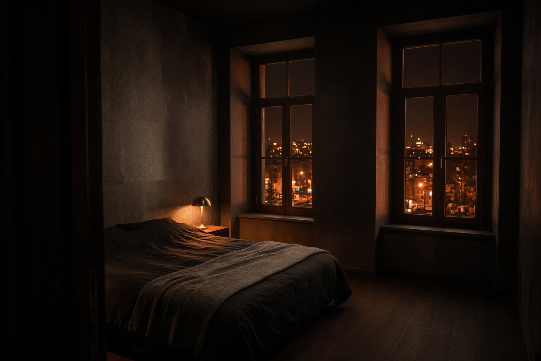 A City Room at night: two deep-set windows over the rooftops, a bare tufa wall and a single lit lamp.