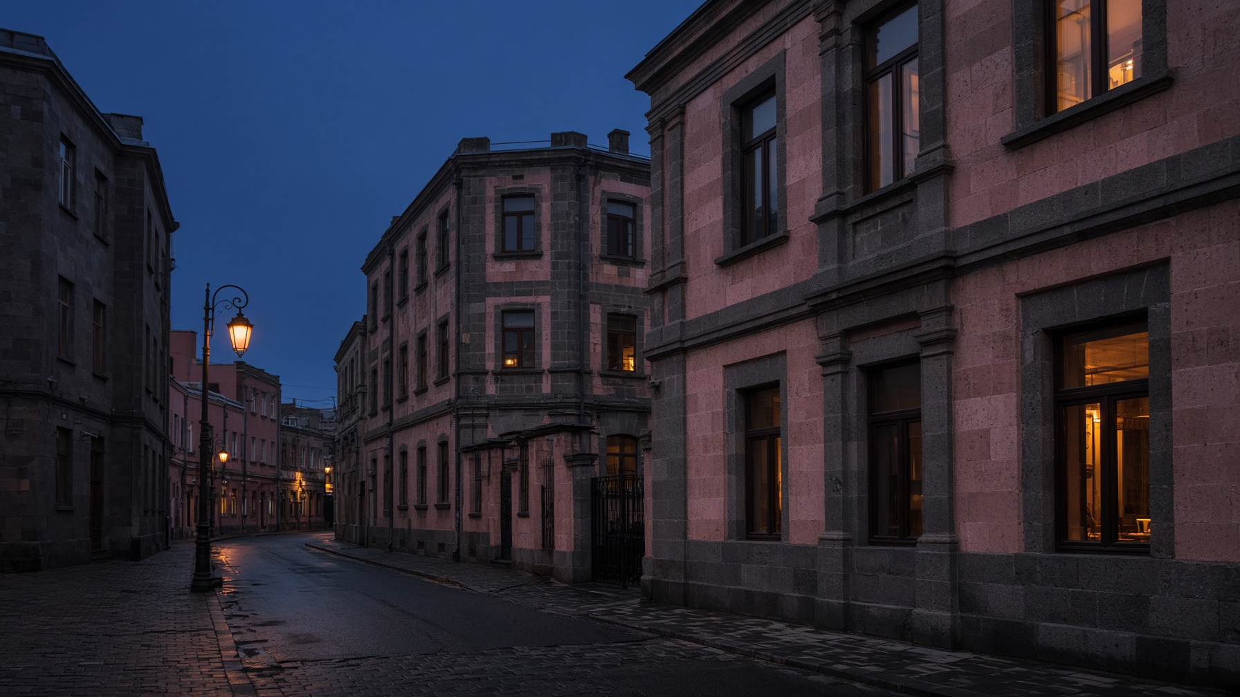The side street at blue hour: pink tufa walls, lit windows and no signage on the door.
