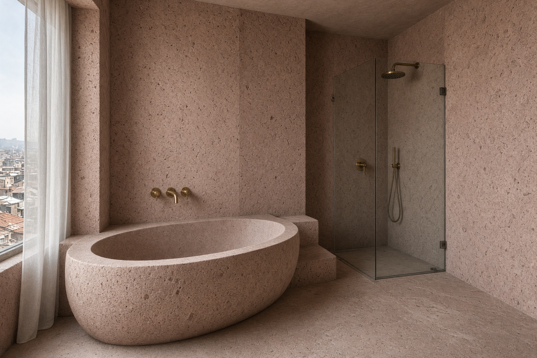 The Corner Suite bathroom: a tub carved from a single block of tufa beside a deep-set window.